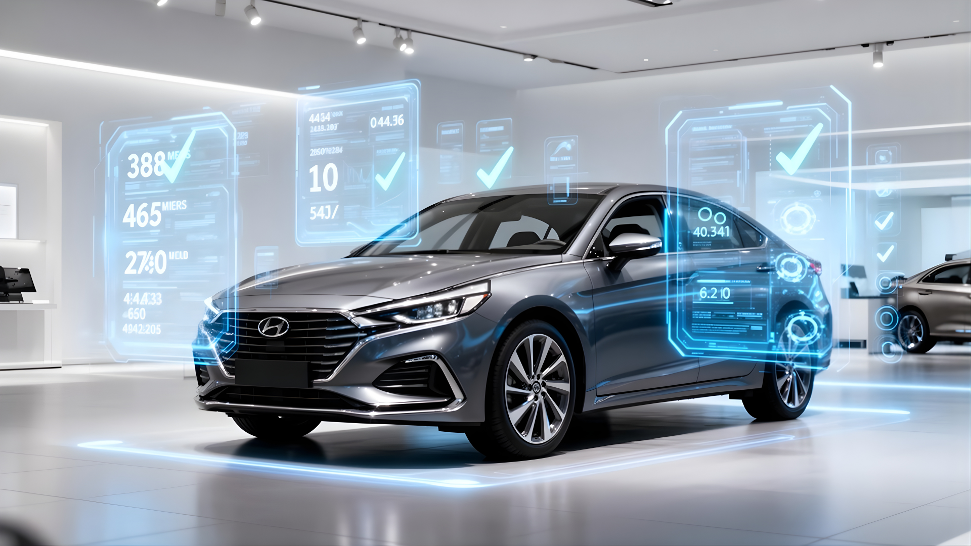 Car buyer examining vehicle with digital report